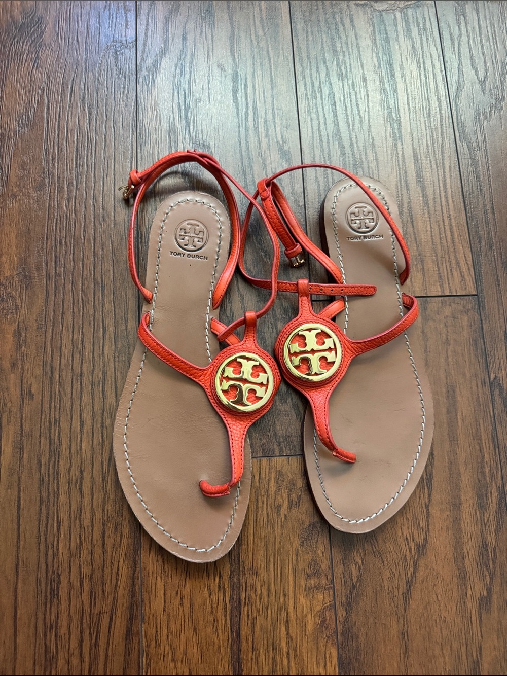 Tory Burch Orange Leather Logo Thong Sandals